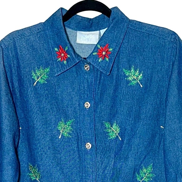 Blair Denim Button Down Shirt Jacket with Poinsettia Holiday Embroidery, Medium - Picture 3 of 12
